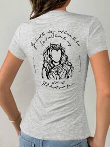Marvel Comic Witch Pattern, 100% Cotton Top, Daily Casual Spring Summer Round Neck Short Sleeve Women's Printed T-Shirt, Streetwear, Floral Grey, White Top Two Piece Set