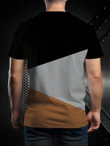 3-Color Block Short Sleeve Casual T-Shirt With Simple Deer Head Logo Print For Men, Versatile - Black - View 2
