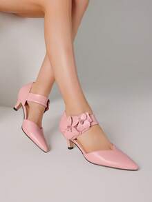 Women's Low Heel Dressy Shoes Elegant Kitten Heels Pointed Toe Floral Heels Comfy Slip On Ankle Strap Party Pumps With Flower  - 粉色 - 查看 4