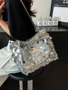 1 件亮片新款 PVC 亮片单肩包，女士亮片矩形单肩包，独特拉链开合链条肩带手拿包，时尚闪光单肩包，个性化闪光街头背包，通勤背包 - 銀色 - 查看 3