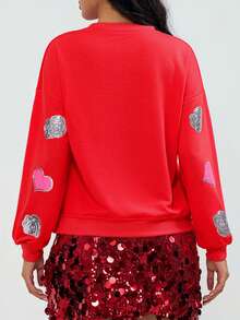 Women's Valentine Loose Sweatshirt Long Sleeve Round Neck Sequins Rose Heart Pullover - Red - View 6