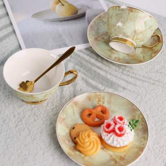 1 Set Elegant Marble Pattern Porcelain Tea & Coffee Cup And Saucer Set - Marble Watercolor Ceramic Coffee Cup, Breakfast Milk Cup, Afternoon Tea Latte Cup, Juice Beverage Cup, Couple Water Cup, Gift Cup For Family And Friends
