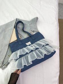 极简风格毛边字母设计牛仔帆布托特包，纯色大容量单肩包，适合女性日常使用，上班通勤书包，返校背包，经典休闲，轻便，便携，行李带设计，适合少女女大学生，非常适合返校、大学、初中、高中、开学第一天，女士西式钱包