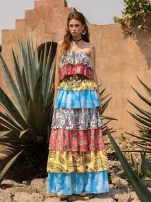 Faeriesty BohoBloom Strapless Multi-Layer Printed Summer Dress - Elegant Spring/Summer Style, Suitable For Beach Weddings | Garden Parties | Brunch | Music Festivals | Tropical Vacations (Belt Not Included) - Multicolor - View 9