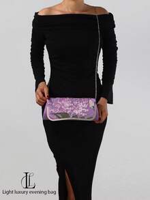 1 件紫色亮片 3D 刺绣花卉手拿包，复古优雅闪亮串珠弧形翻盖女士手提包，带金属饰边，可拆卸链条肩带，适合婚礼、派对、节日、舞会、庆典、夜店、女士礼物、生日礼物、零钱包 - 紫色 - 查看 4