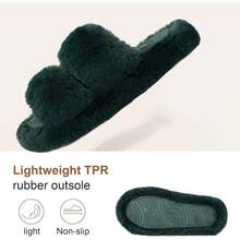 Women's Fluffy Faux Fur Slippers Comfy Open Toe Two Band Slides With Fleece Lining And Rubber Sole - màu xanh lá - Xem 11