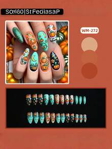 24PCS/1BOX Cute Pumpkin Almonds Halloween Stars And Moon Cute Pumpkin Pressing Fake Nails Press On Nail - Multicolor - View 3