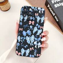 Fundas para celular 16, 15, 14, 13, 12 Pro, 16, 15, 14 Plus, X/Xsmax. Diseño divertido con lazo azul. Acabado mate. Compatibles con phone 16, 15, 14, 13, 12 Pro, 16, 15, 14 Plus, X/Xsmax, S22, S23, S24, S25 Ultra/Plus. TPU suave, antihuellas, absorción de impactos. - Negro - Ver 1