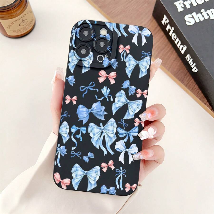 Fundas para celular 16, 15, 14, 13, 12 Pro, 16, 15, 14 Plus, X/Xsmax. Diseño divertido con lazo azul. Acabado mate. Compatibles con phone 16, 15, 14, 13, 12 Pro, 16, 15, 14 Plus, X/Xsmax, S22, S23, S24, S25 Ultra/Plus. TPU suave, antihuellas, absorción de impactos. - Negro - Ver 1
