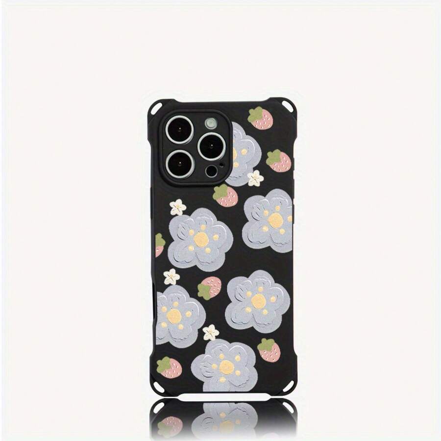 Funda de teléfono 1 pieza pintura al óleo azul diseño de patrón de flores cuatro esquinas colgante funda de teléfono 16 Pro 14 Plus 15 12 13 TPU impreso suave - Colores mixtos 2 - Ver 1