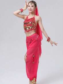 Women's Style Sparkling Belly Dance Three Pieces Set: Sequined Top + Lantern Pants + Headscarf Set For Halloween Carnival Party Stage Performance Costume