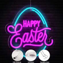 USB-Powered Happy Easter Neon Sign - Colorful LED Wall Art With Pink & Blue Design, Festive Egg Shape For Home, Bedroom, Party Decorations & Gifts, Neon Signs For Wall Decor