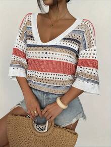 Plus Size Women Holiday Casual Colorblock Striped Sweater - Red - View 7