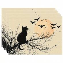 Juego de 1/2/4/6 individuales, estilo de gato negro de Halloween, con patrón de murciélago, tamaño 30x45 centímetros. Los individuales de poliéster de Halloween son adecuados para cocinas/manteles resistentes al calor del hogar, fáciles de limpiar y son accesorios ideales para mesas de cocina del hogar. Son adecuados para reuniones familiares y ocasiones interiores y son la mejor opción para la decoración de Halloween.