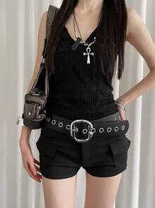 1 curea de talie reglabilă din piele artificială, stil punk negru pentru femei, culoare solidă