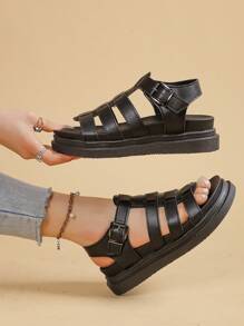 Women's Flat Sandals, New Thick Sole Black Sandals, Roman Style Non-Slip Versatile Fashion Sandals, Casual Beach Sandals For Summer