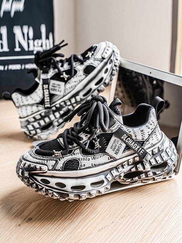 Men's Retro Chunky Sneakers With Tire Tread Sole, Distressed Design, Non-Slip And Durable For Outdoor, Sports, Training, Breathable Leather & Mesh Upper, Fashionable Casual Shoes For Daily, Commuting, Streetwear