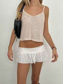 Women Y2K Sequin Cami Top Sparkle Tank V Neck Open Back Spaghetti Strap Crop Tops Summer Glitter Crop Top Party Clubwear - 杏色 - 查看 6