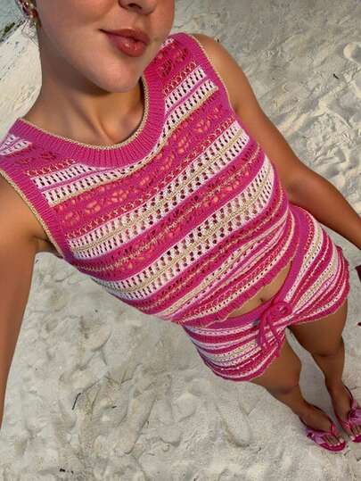 Women's Spring/Summer Knit 2-Piece Set, Casual Lace Knit Sexy Fitted Shorts And Sleeveless Tank Top, Knit Striped Beach Vacation Back-To-School Autumn Outfit