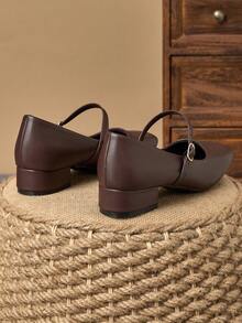 玛丽珍咖啡色方头 3 厘米粗跟高跟鞋，适合工作、休闲、晚宴、复古、黑色、卡其色，百搭时尚 - 咖啡色 - 查看 6