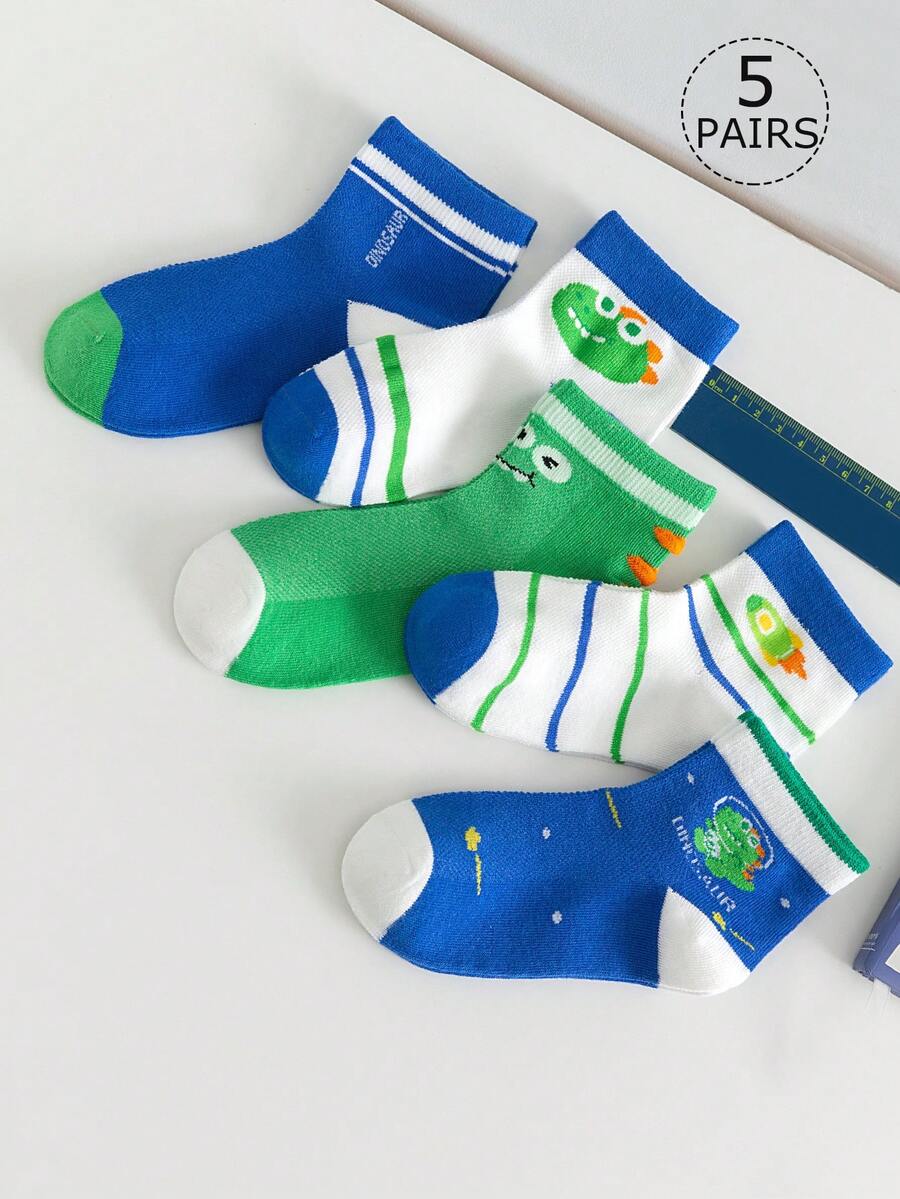 5 双儿童网眼袜，白色、绿色、蓝色、卡通恐龙、火箭、条纹、字母图案，休闲运动风格，适合春夏季，学生短袜，日常穿着，返校穿着，搭配休闲鞋或运动鞋 - 彩色 - 查看 1