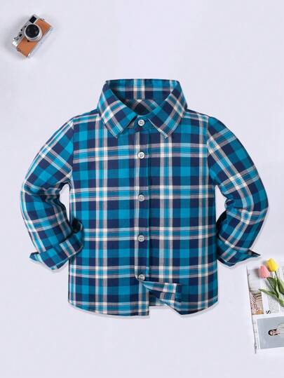 قميص كاجوال بأكمام طويلة ذو نقشة مربعات للأولاد، جاكيت خفيف للأطفال، بلوزة مدرسية رياضية