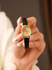 LIANDU LIANDU 1件复古时尚休闲女士腕表，椭圆形表壳，PU表带，精致表盘饰有水钻，优雅迷人，适合日常佩戴、生日礼物、派对、节日聚会，是送给自己或朋友的理想之选，不含包装。 - 黑色 - 查看 3