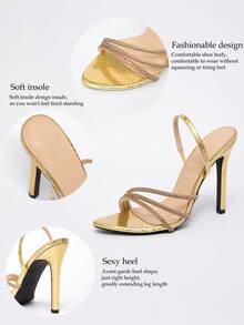 女士露趾星形高跟凉鞋，水钻装饰踝带，优雅高端派对正装鞋，金色