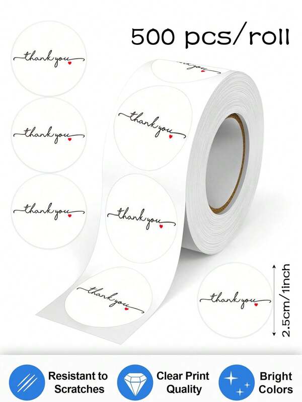 500pcs/Roll Simple White Background English Thank You Graffiti Stickers For Daily And Festival Party Gift Boxes, Cards, Envelopes, Bouquets DIY Decoration, 1 Inch Round PVC Waterproof Seal Stickers