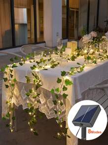 1 pieza Luces de hilo de vid solares con 8 modos, 7M/22.96Ft, 12M/39.37Ft Luces exteriores LED verdes con hojas, luces de hadas de hiedra, para sala de estar, dormitorio, patio, tienda, bar, boda, jardín, pared, patio, decoración de fiesta, decoración de primavera para la casa, decoración exterior