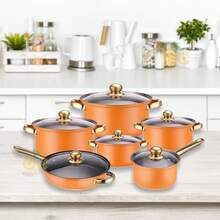 Set de Cocina de Acero Inoxidable de 12 Piezas, Set de Cocina de Acero Inoxidable, Set de Cocina Multiusos, Set de Cocina Completamente Envuelto con Tapa de Vidrio con Mango Térmico, Apto para Lavavajillas, Diseñado Ergonómicamente - Naranja - Ver 6