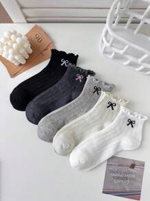 5 Pairs Women Frilly Edge Bow Patterned Ankle Socks - Cute Cartoon Design, Multi-Color Bow Comfortable Soft Casual Sport Travel Versatile Socks, Minimalist Style For Daily Wear