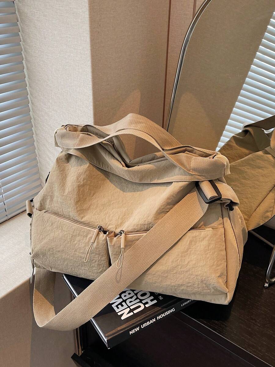 1 件米色 2025 夏季时尚大容量尼龙纯色旅行行李袋，带多个口袋、拉链、手柄、可调节肩带、鞋隔层、学校/大学/健身房/户外使用、可折叠手提包旅行必需品，适合假期旅行包行李箱旅行包女士