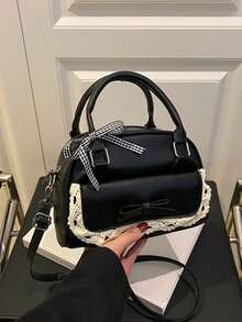 PU 材质简约时尚手提包，优雅女士波士顿包，适合日常、工作、休闲、通勤、节日礼物 - 黑色 - 查看 12