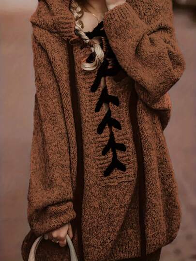 European & American Elegant Casual Mature Daily Commute Women Knitted Sweater, Long Sleeve Hooded Drawstring Plus Size Pullover