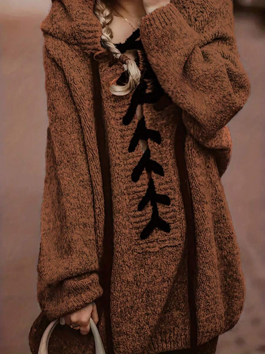European & American Elegant Casual Mature Daily Commute Women Knitted Sweater, Long Sleeve Hooded Drawstring Plus Size Pullover - Brown - View 1