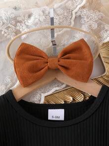 2pcs/Set Baby Girl Black Corduroy Patchwork Dress With Bow Detail, Waisted Bubble Hem Long Sleeve Dress With Bow Headband