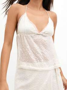 Women Sequin Halter Top Deep V Neck Sleeveless Backless Tie Up Tank Tops Y2K Sparkle Glitter Mesh See Through Camisole Party Rave Tops Streetwear - trắng - Xem 6