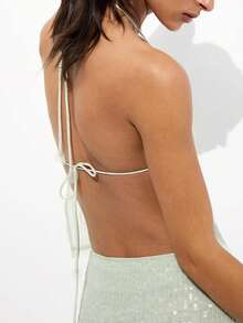 Women Sequin Halter Top Deep V Neck Sleeveless Backless Tie Up Tank Tops Y2K Sparkle Glitter Mesh See Through Camisole Party Rave Tops Streetwear - màu xanh lá - Xem 3