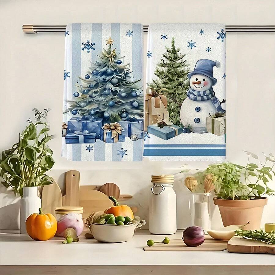 2pcs Set Of Christmas Themed Towels, Designed With Christmas Snowman And Christmas Tree Pattern Printed Towels, Machine Washable, Heat-Resistant, Absorbent And Reusable, Room Decoration, Kitchen And Bathroom Towels, Party Decoration, Home Decoration, Ideal Christmas Gift