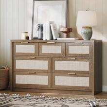 Broadfashion 7 Drawer Dresser For Bedroom, Rattan Chest Of Dressers, Modern Wooden Dresser Chest With Golden Handles, Farmhouse Tv Stand For Closet, Living Room And Entryway - 深木色 - 查看 2
