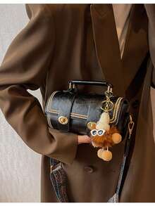 1pc Mini Retro Round Handbag For Women, Daily Use (With Furry Decoration) - Black - View 7