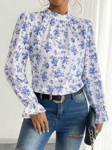 Áo cánh dài tay thanh lịch họa tiết hoa xanh kiểu Pháp dành cho nữ, mùa thu - Màu xanh lam - Xem 4