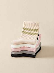 10 piezas/5 piezas Calcetines largos de dos rayas y bloques de color para niños y adolescentes, estilo coreano de primavera y otoño, que absorben la humedad y transpirables