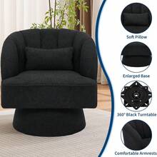 Modern Swivel Barrel Accent Chair,Barrel Chair 360 Degree Velvet Upholstered Armchair With Striped Backrest & Plush Padding, Reading Chair Upholstered Armchair Comfy Round Lounge Chair For Living Room, Bedroom, Reading Nook - Teddy Velvet | Black - View 4