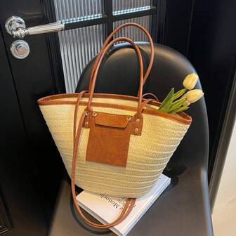 Bolso de hombro tejido de gran capacidad para mujer - Bolso de tela beige elegante con correa fija, perfecto para vacaciones en la playa y salidas informales, bolso de mano