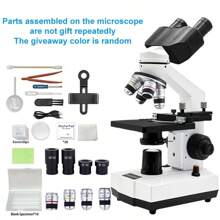 Microscopio biológico óptico compuesto binocular, con 4 objetivos actualizados, aumento de 40X-2500X, luces LED superior e inferior actualizadas, incluye oculares de campo amplio y paquete de regalo de observación, microscopio binocular con base de metal para experimentos
