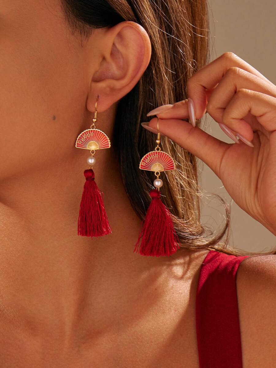 1 Pair Fashion Tasseled Fan-Shaped Faux Pearl Alloy Pendant Earrings For Women, Party & Event Accessories