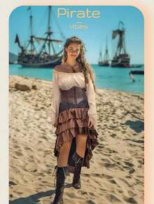 Costume Women Outfit With Renaissance Shirt Skirt Corset Waist Belt Womens Halloween Costumes (White+Red, S) - 米色+棕色 - 查看 7