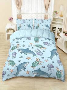 Conjunto de cama com estampa de tartaruga e tubarão marinho, 4 peças (1 capa de edredom + 2 fronhas + 1 lençol de cima), lavável, adequado para quarto, hotel, escola, apartamento